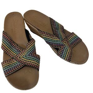 Sketchers Beverlee delighted luxe foam sandals colorful straps cork wedge‎ 8.5